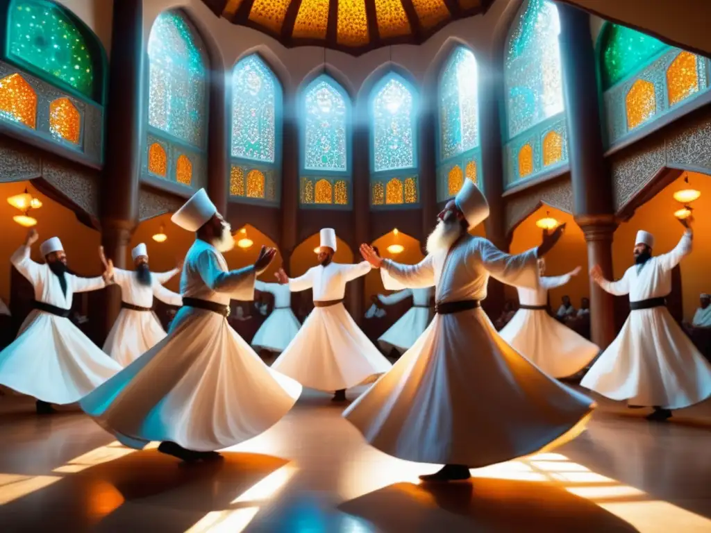 Derviches en danza extática en un templo sufi adornado, transmitiendo transcendencia y conexión espiritual