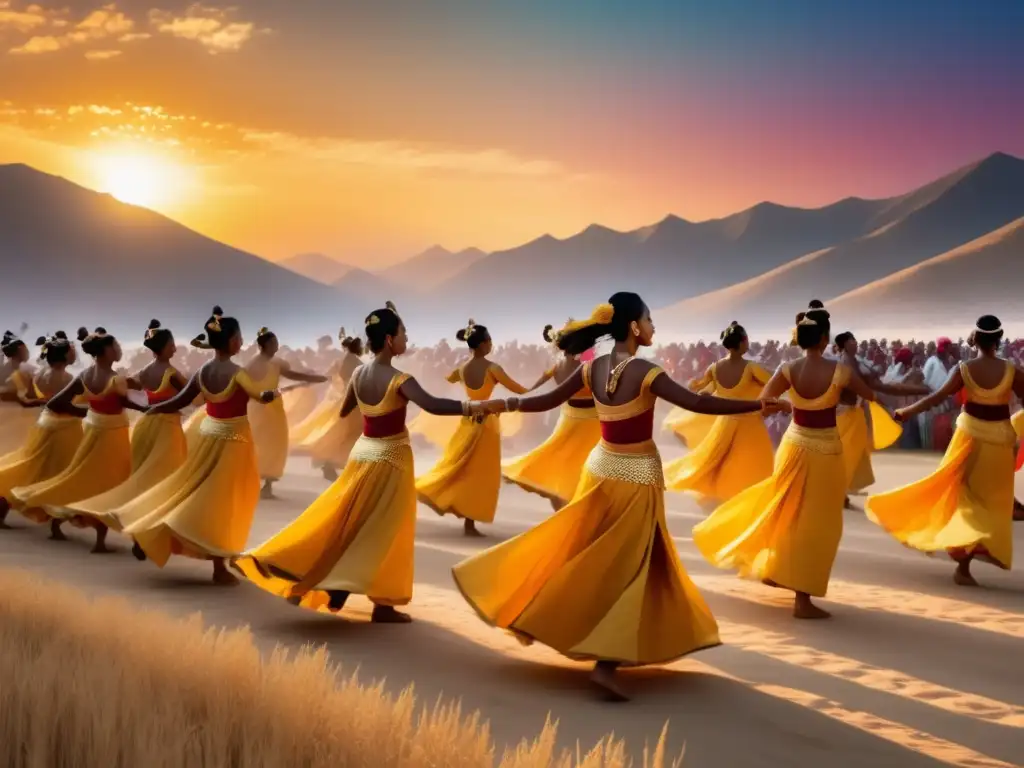 Festival danzas sagradas tradicionales: escena cautivadora de belleza etérea con danzantes en trajes vibrantes y campo decorado con motivos simbólicos