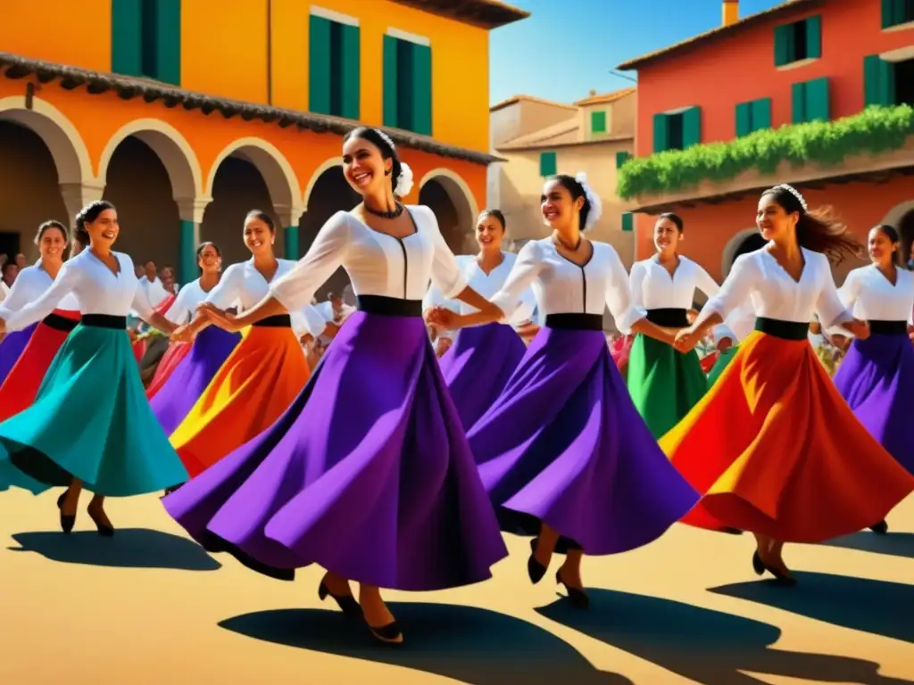 Tarantella: danza vibrante y colorida en una plaza soleada, llena de tradición y alegría