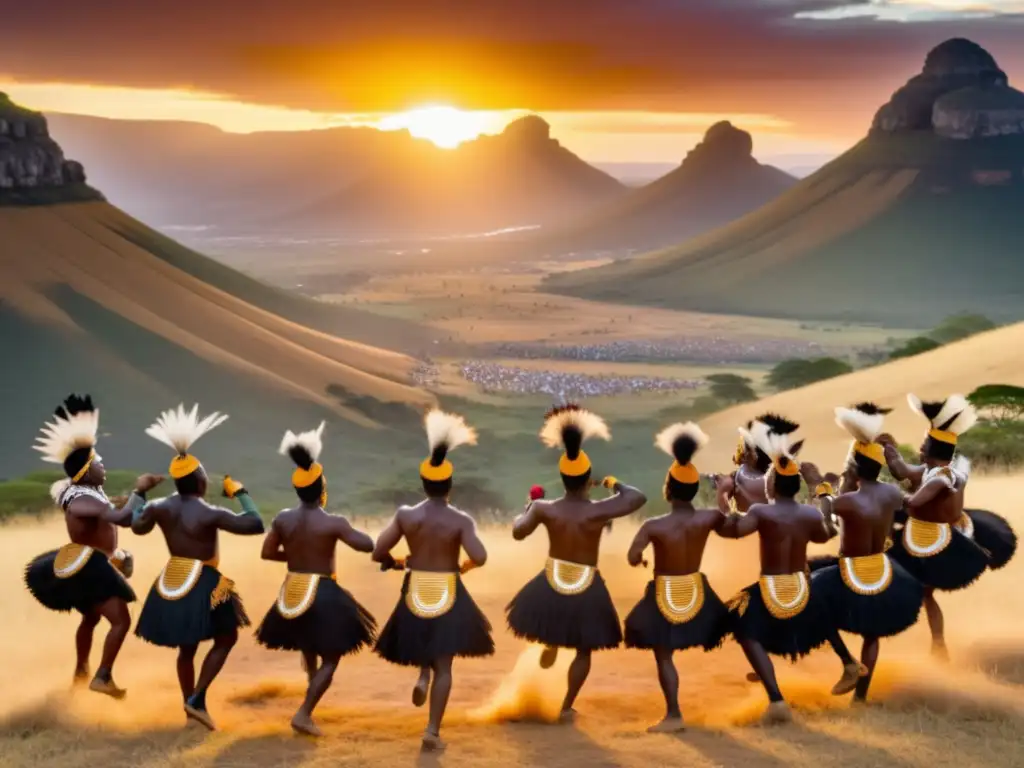 Festival Danza Zulu Sudáfrica: impactante imagen con guerreros danzando en un atardecer dorado, rodeados de figuras espirituales