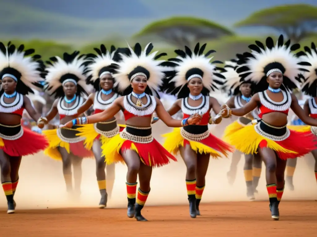 Festival Danza Zulu Sudáfrica: Vibrante escena de danza tradicional con coloridos atuendos, movimientos cautivadores y energía cultural