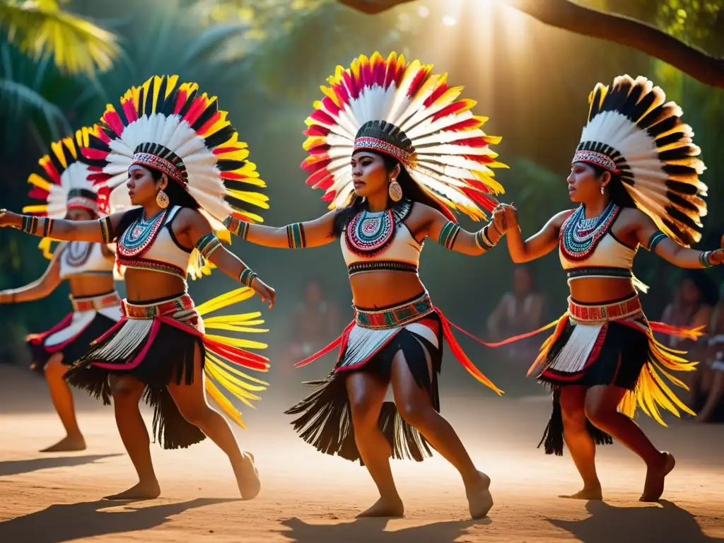 Grupo de Aztec dancers en danza ritual al aire libre, con trajes tradicionales y detalles exquisitos