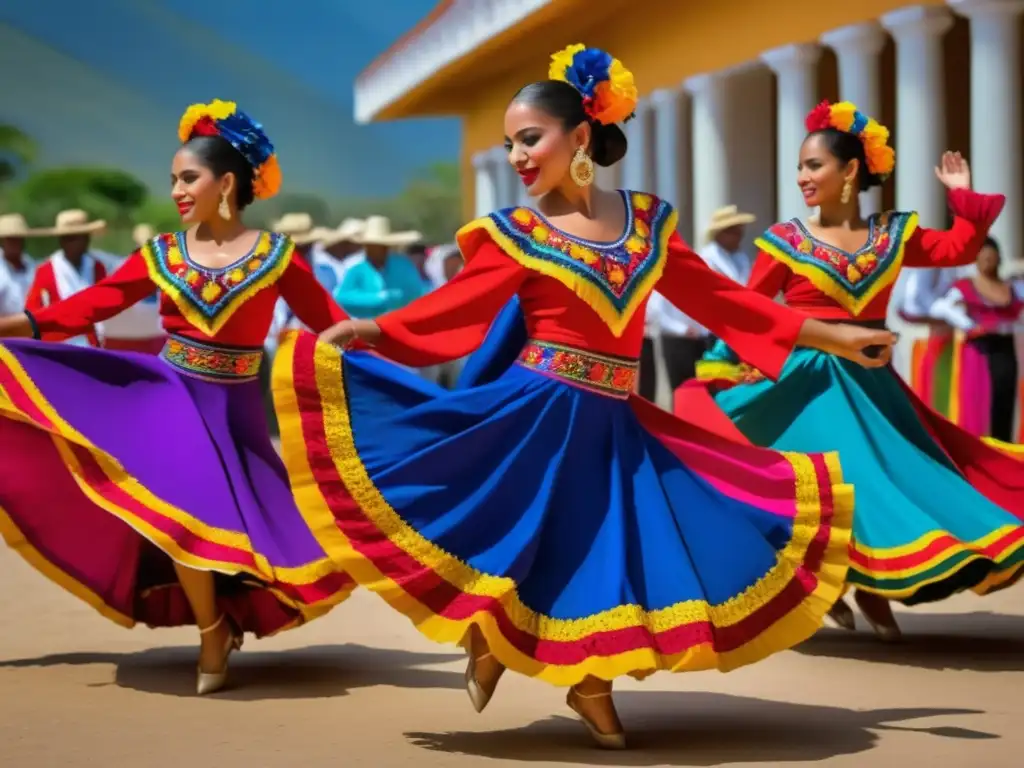 Trajes de baile latinoamericanos tradicionales, grupo de bailarines vibrantes en movimiento armonioso, colores vivos y patrones intrincados