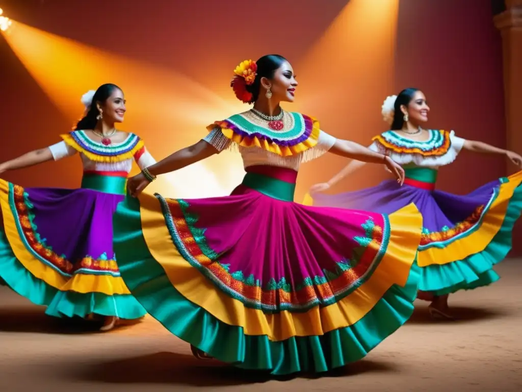 Tradiciones festivas mexicanas reveladas: Grupo de vibrantes bailarines mexicanos en trajes tradicionales coloridos rodeados de una atmósfera etérea