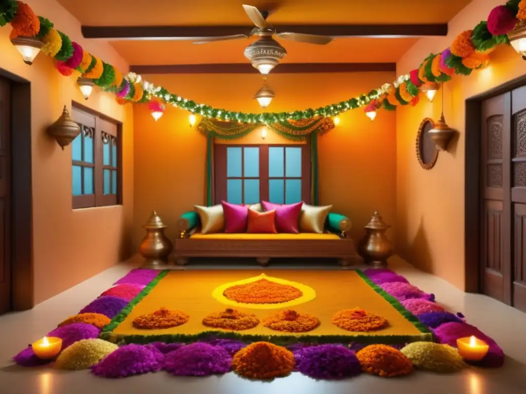 Preparativos para Diwali: Hogar indio bellamente decorado con vibrantes colores, luces y adornos tradicionales