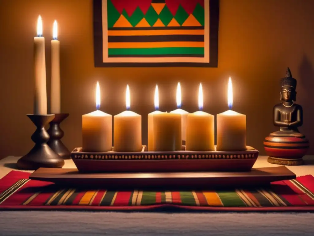 Festividad Kwanzaa: raíces africanas, kinara con velas iluminando una habitación decorada con símbolos y patrones africanos