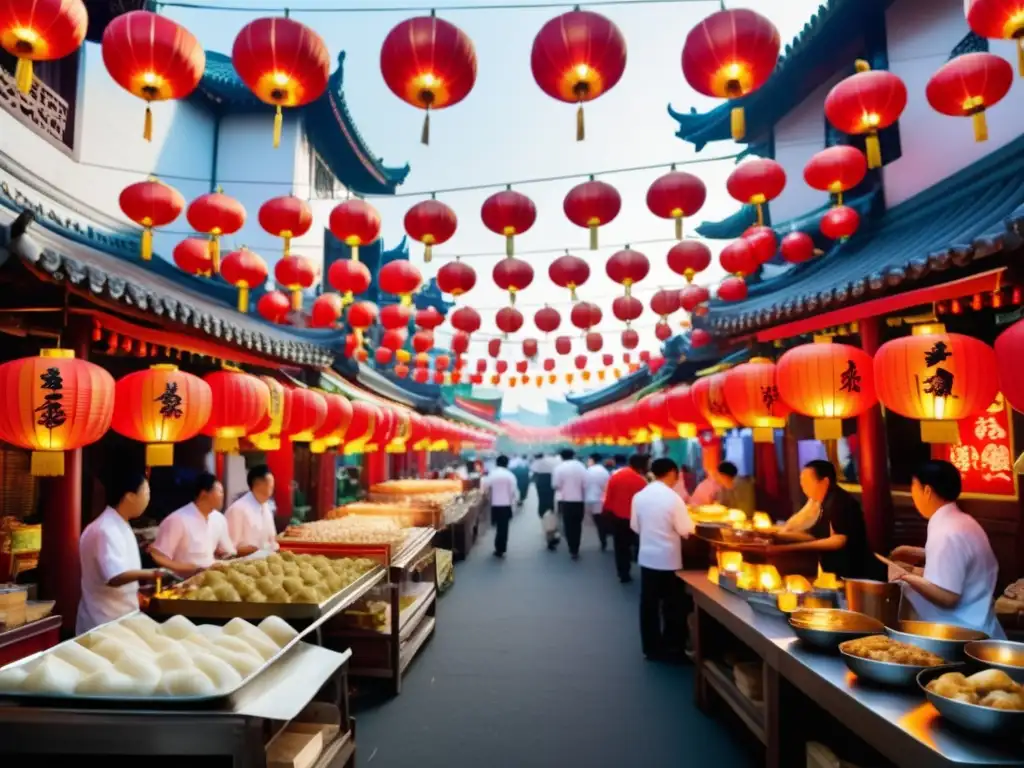 Festividades gastronomía mundial en vibrante festival chino con platos tradicionales, dumplings, Peking duck, sopa y sabores exquisitos