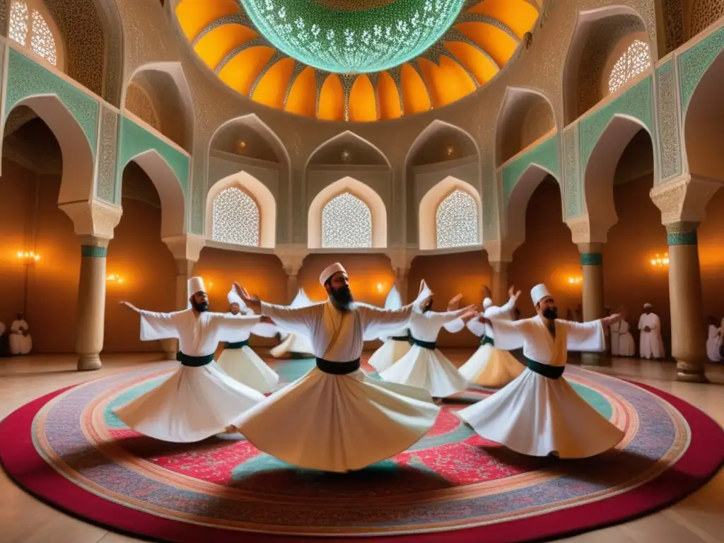 Imagen de danza derviches en un salón ornado, con patrones vibrantes y luz celestial