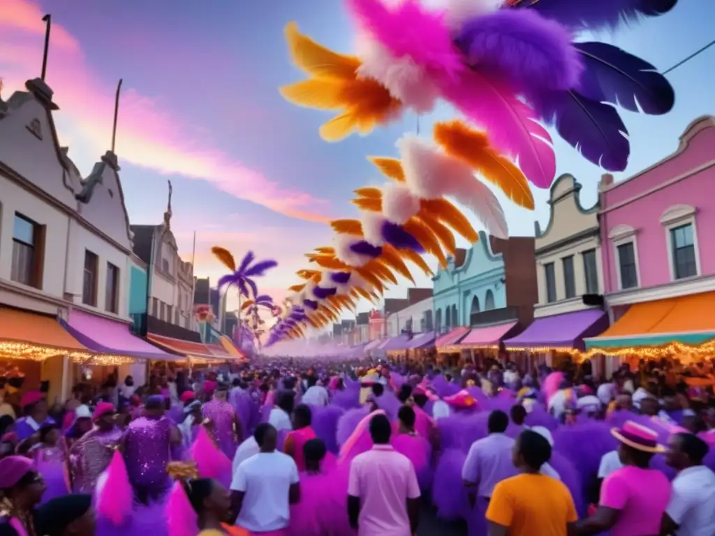 Carnaval vibrante y etéreo en una calle llena de color, música y alegría