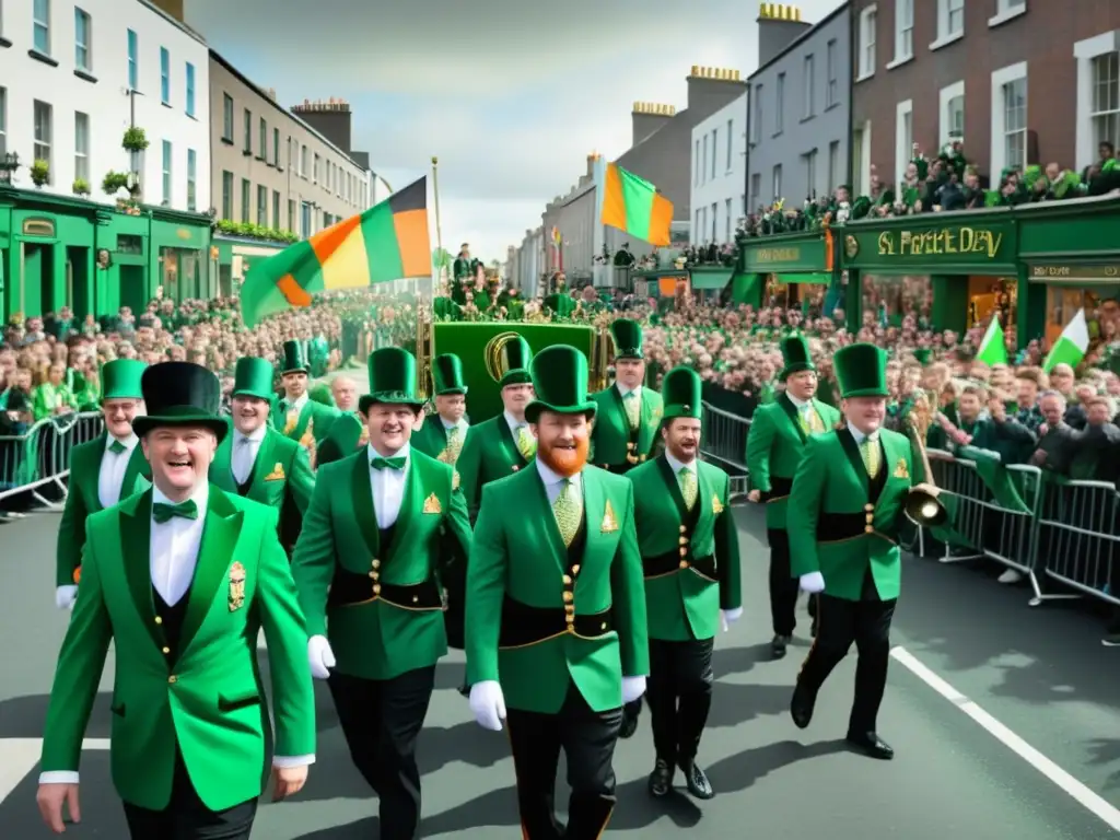 Celebración San Patricio Dublín: Desfile vibrante y detallado con elementos tradicionales y contemporáneos