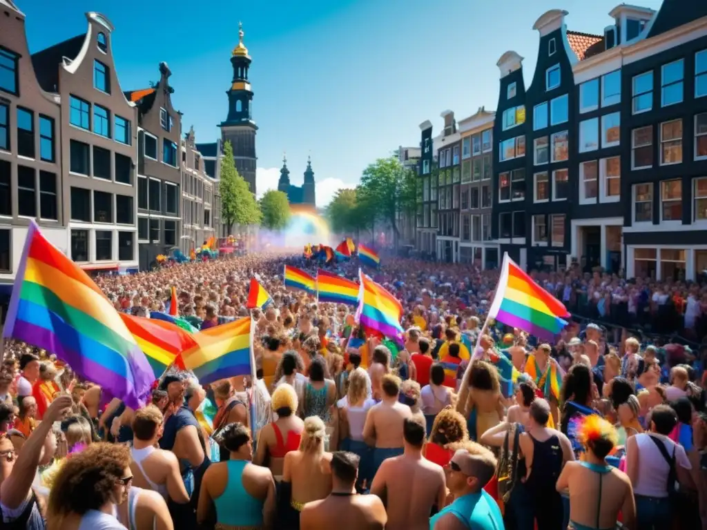 Desfile de la Amsterdam Pride: colores vibrantes, diversidad, historia LGBTQ+ (110 caracteres)