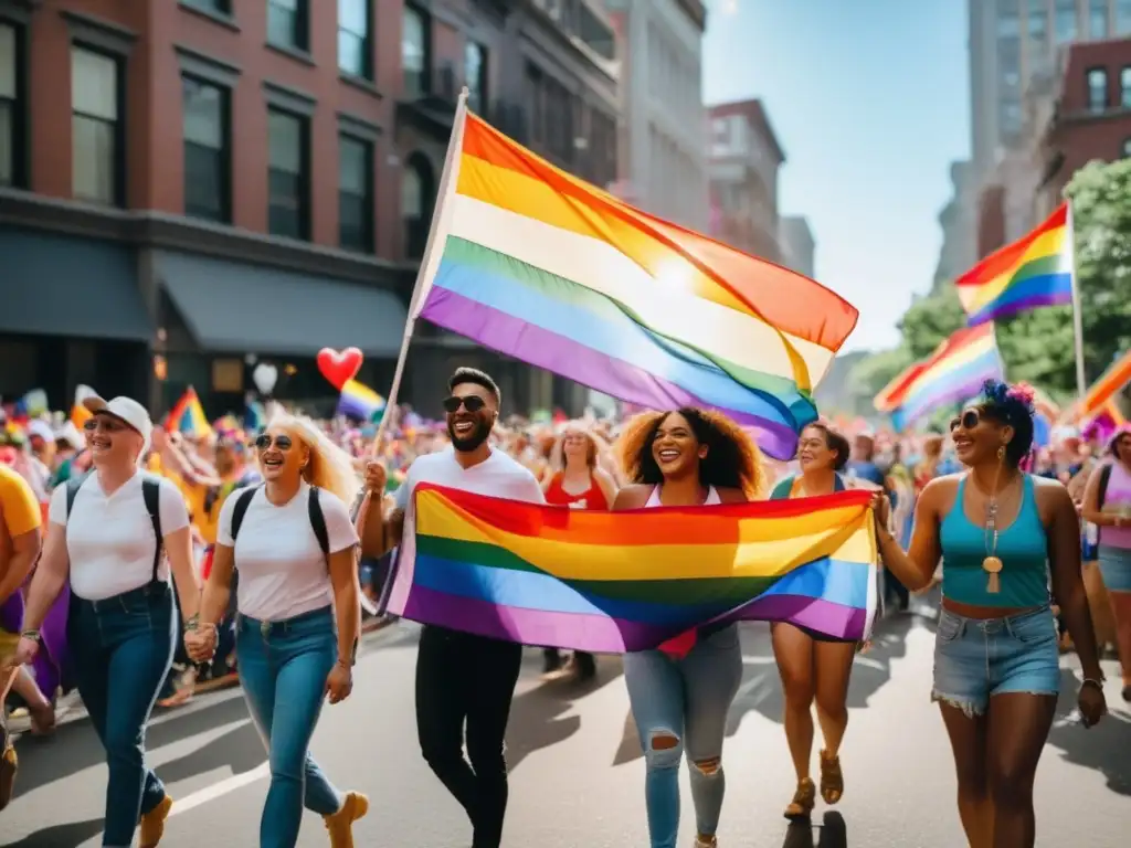 Desfile vibrante y colorido de orgullo LGBTQ+ en una ciudad bulliciosa