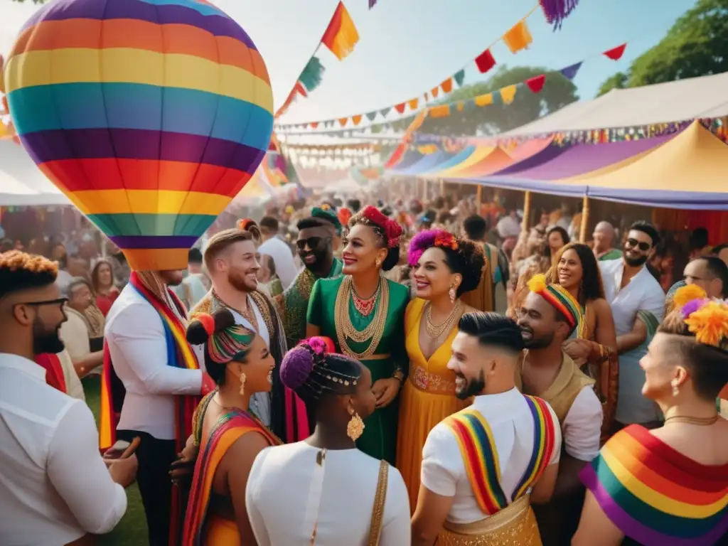 Indumentaria tradicional en festivales LGBT+: Un vibrante y diverso grupo de individuos abrazando su identidad cultural en un festival LGBT+