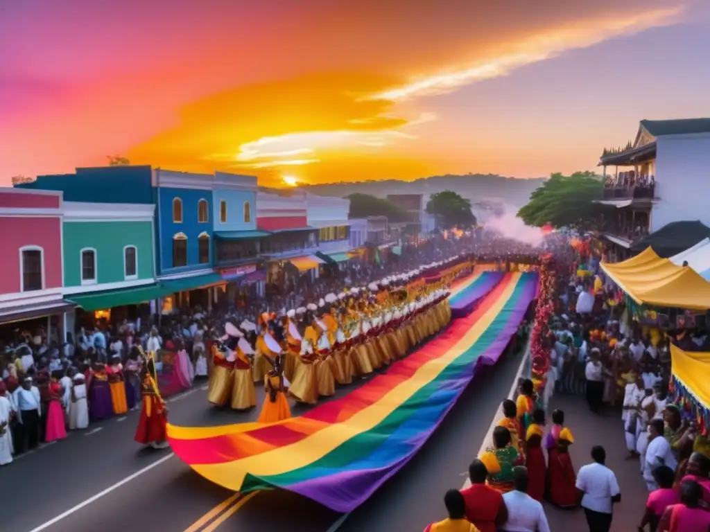 Festival LGBTQ+ tradicional, vibrante procesión de personas en coloridos trajes tradicionales, celebración llena de empoderamiento y diversidad