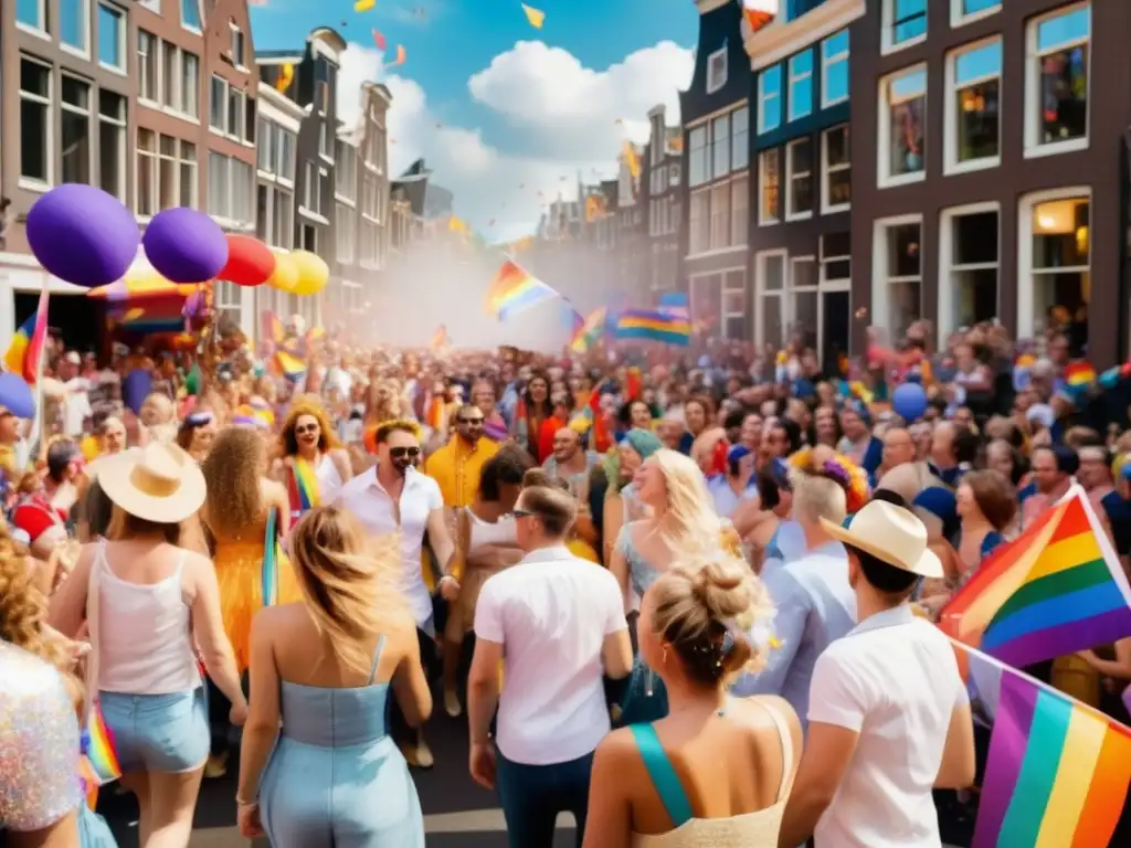 Desfile vibrante durante Amsterdam Pride, con diversidad e historia LGBTQ+ (110 caracteres)