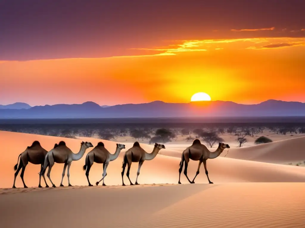 Atardecer espectacular en el Outback australiano con camellos corriendo en el Festival de la Carrera de Camellos en Australia