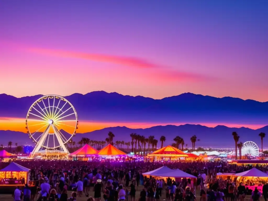 Sostenibilidad en el Festival de Coachella: Desierto, Ferris wheel, festivalgoers y paisaje vibrante al atardecer