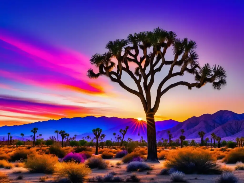 Paisaje del desierto de Coachella Valley al atardecer, con un Joshua Tree destacado - Sostenibilidad en el Festival de Coachella