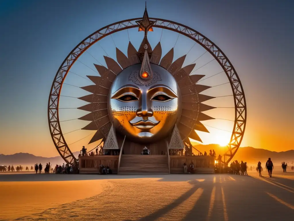 Paisaje surrealista de Burning Man al atardecer, con escultura de madera y metal, cielo vibrante y comunidad de Burners