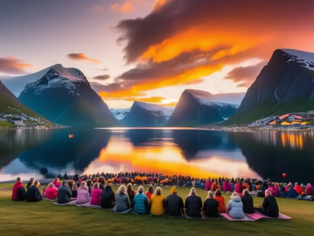 Festival Sol de Medianoche Noruega en majestuosos paisajes montañosos y lago sereno, con colores vibrantes del sol al atardecer