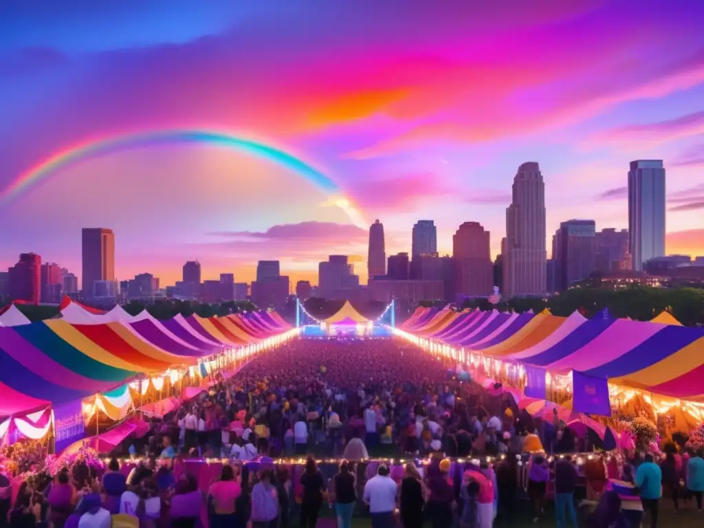 Festival LGBTQ+: Diversidad, inclusión y energía vibrante en una ciudad al atardecer