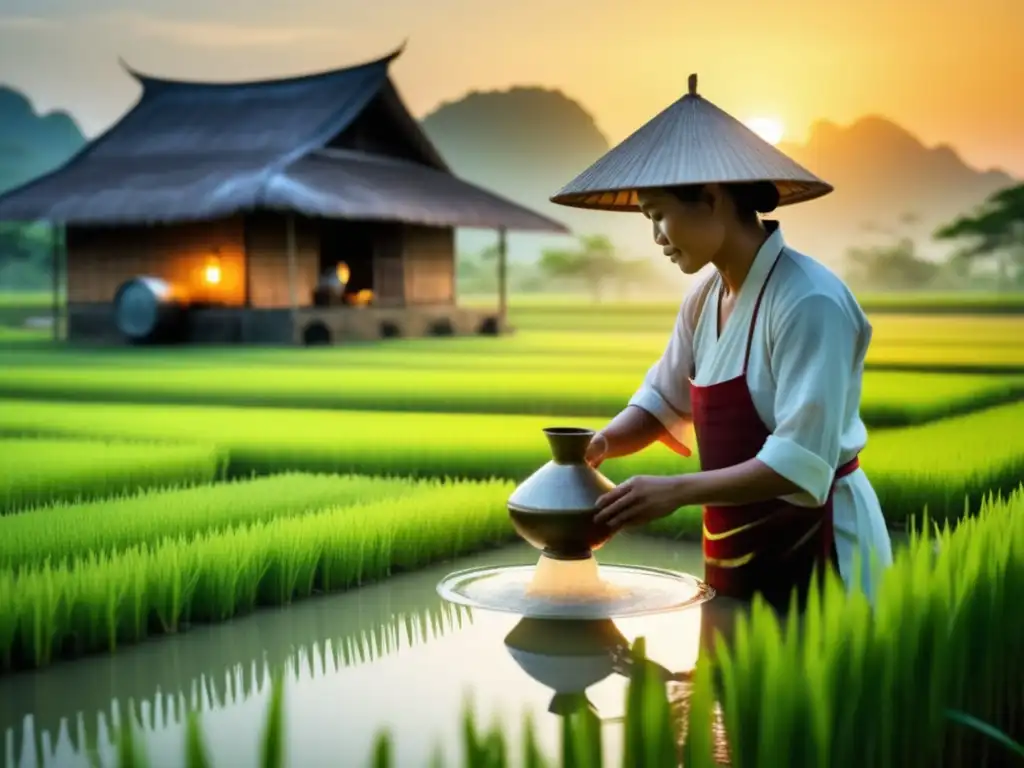 Tradiciones del licor de arroz en Vietnam: destilería tradicional en campos de arroz al atardecer