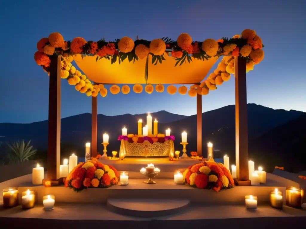 Festividades del Día de los Muertos en México: Altar vibrante con marigolds, papel picado, velas y calavera de azúcar