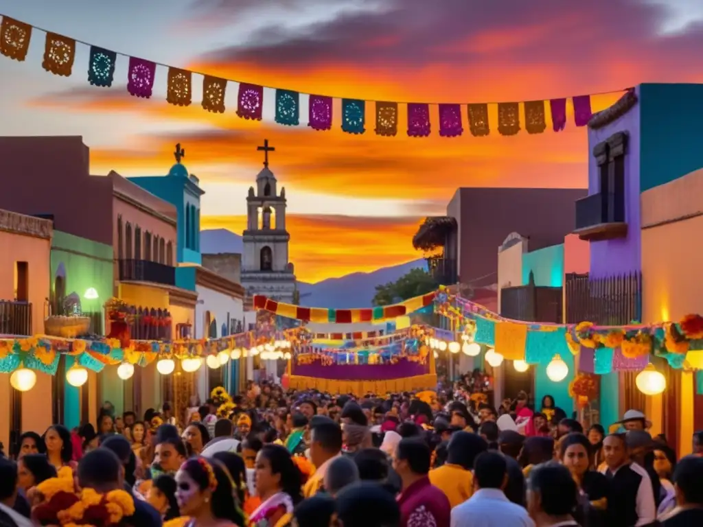 Celebración Día de los Muertos: escena vibrante con altares, calacas, música de mariachi y papel picado