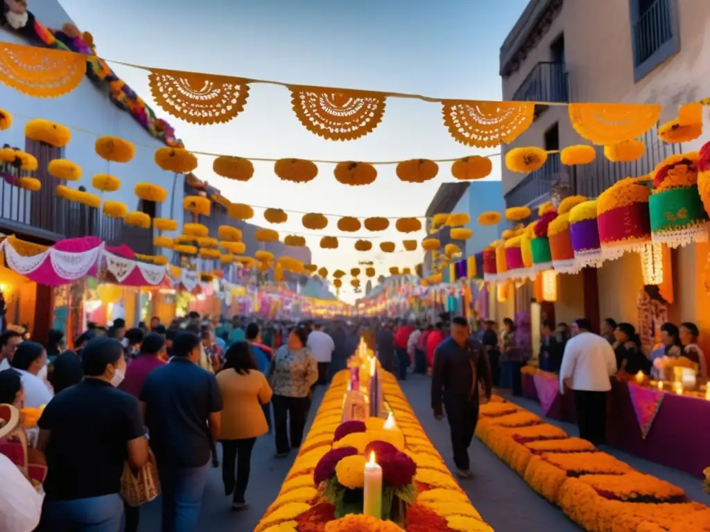 Festival Día de los Muertos en México - Altar decorado con flores de cempasúchil y calaveras de azúcar