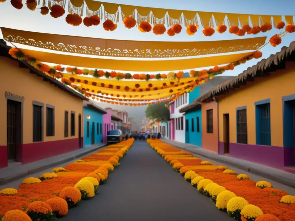 Fiesta del Día de los Muertos en México: Festividades tradicionales con marigold, papel picado, calaveras y ofrendas