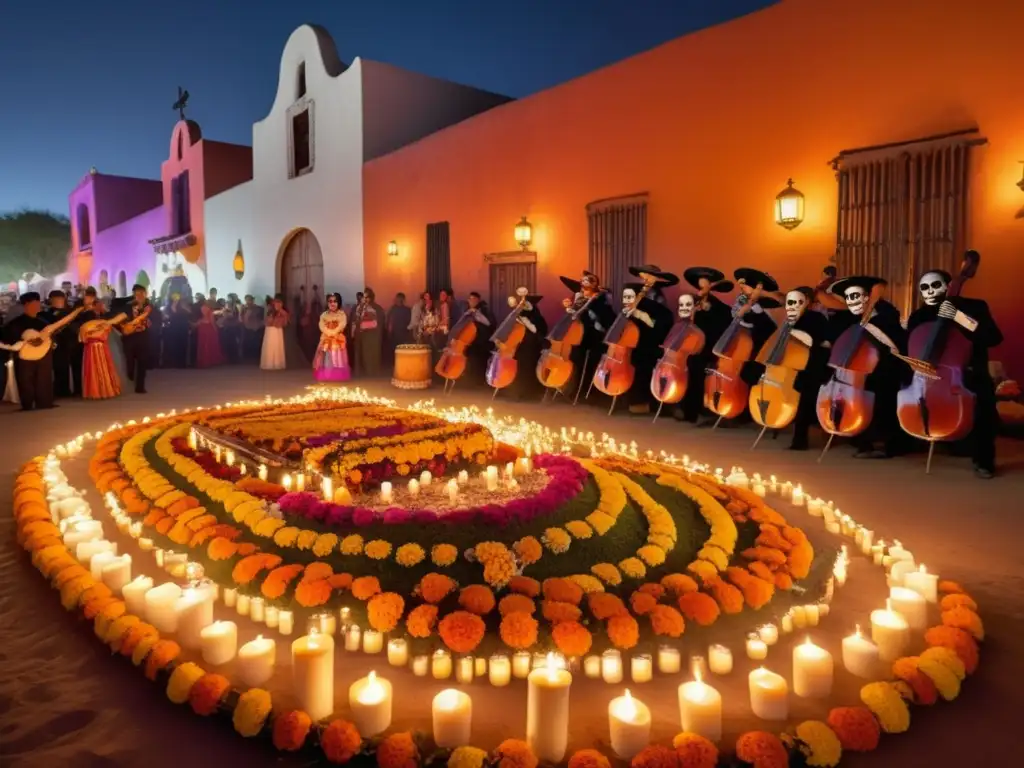 Celebración nocturna del vibrante Día de los Muertos con música, danza y altares - Importancia de la música en el Día de los Muertos