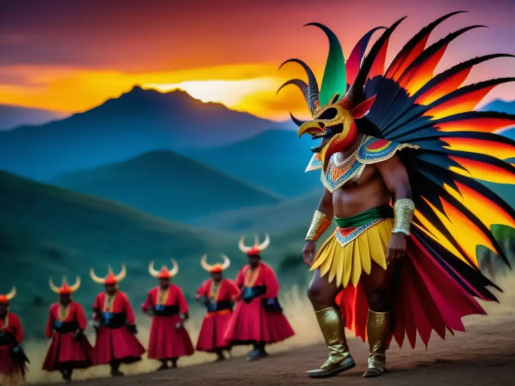 Fiesta Diablos Danzantes Venezuela: Mágica imagen del festival con diablos danzantes, atardecer vibrante y detalles fascinantes