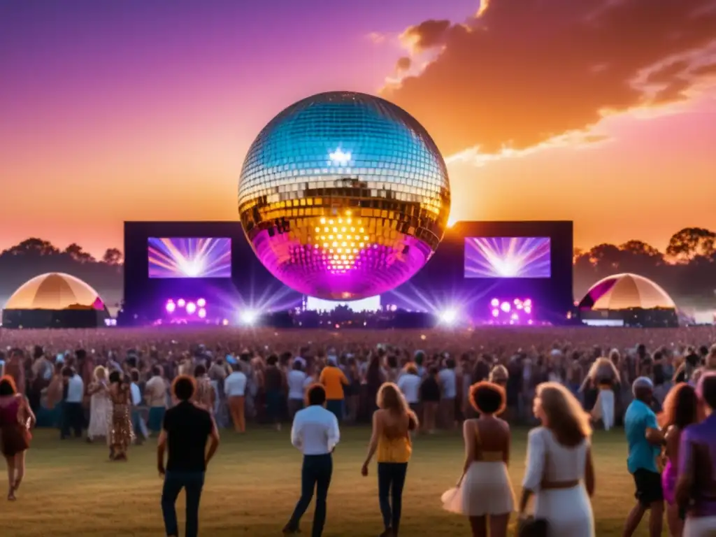 Festival de música disco tradicional con ambiente vibrante y etéreo en un campo iluminado por una hermosa puesta de sol