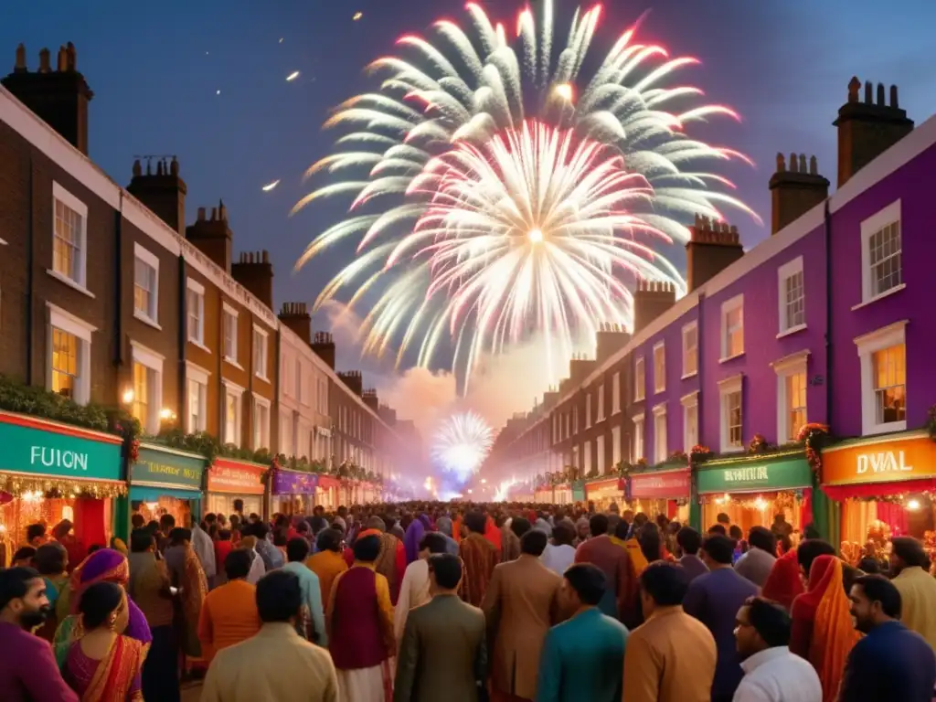 Celebración de Diwali en Londres: fusión intercultural en vibrante escena callejera con fuegos artificiales y monumentos emblemáticos