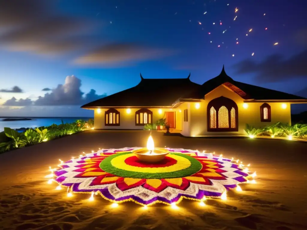 Celebración de Diwali en Mauricio: hogar tradicional decorado con rangoli y diyas, fuegos artificiales iluminan la noche