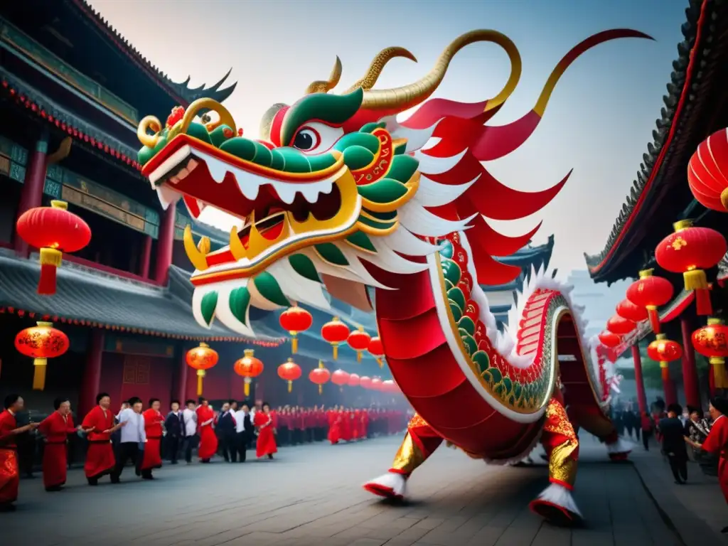 Celebración tradicional Danza del Dragón China- Vista impresionante de la danza del dragón en una calle con faroles rojos y una multitud emocionada