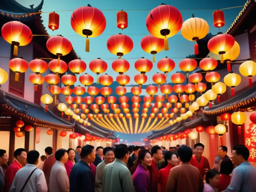 Celebración tradicional Danza del Dragón China, calle vibrante con gente y farolillos, ambiente mágico y emocionante