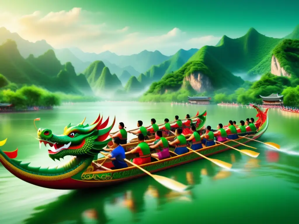 Historia Festival Barco Dragón China: Competencia vibrante de botes dragón en río sereno, rodeado de montañas verdes y reflejos mágicos