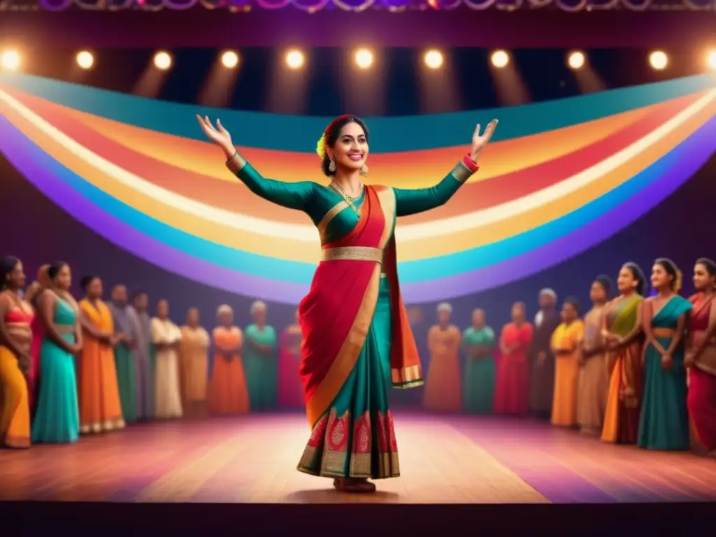 Evolución mujeres en festivales arte: mujer elegante en escenario rodeada de diverso público, luces coloridas, atmósfera mágica