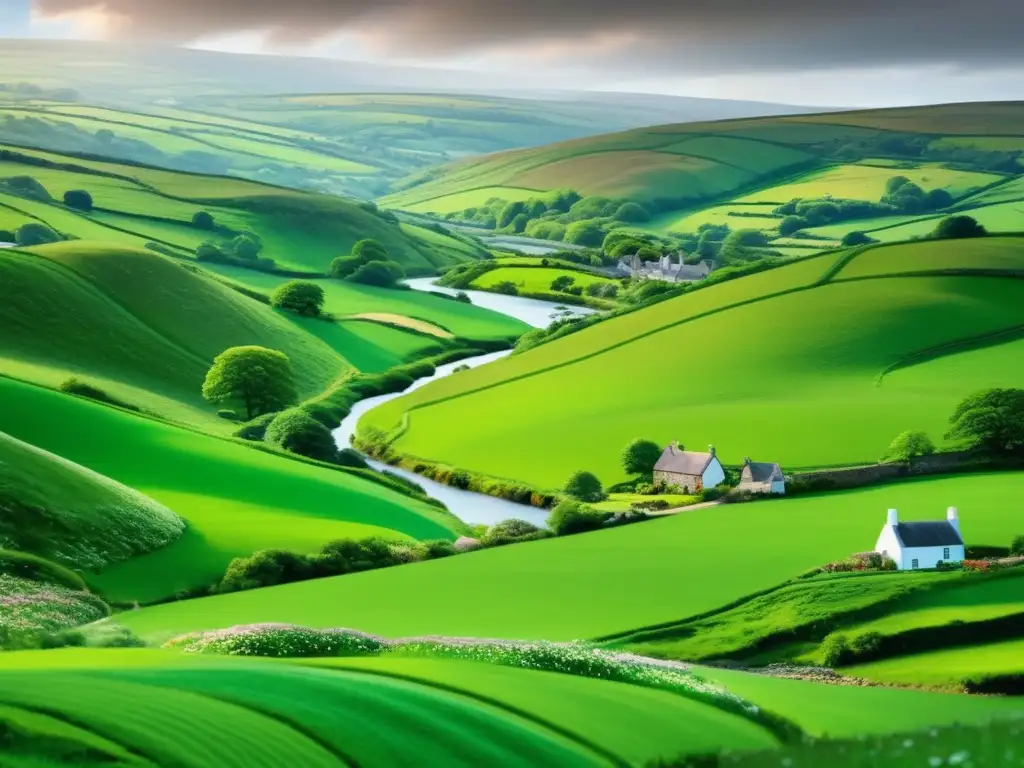 Paisaje verde con colinas, campos de trébol y un pueblo irlandés tradicional