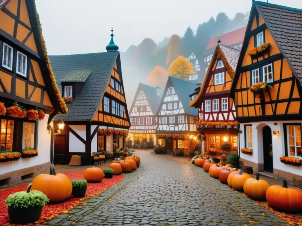 Encantador pueblo alemán en otoño con casas de madera y el festival de calabazas en un ambiente mágico