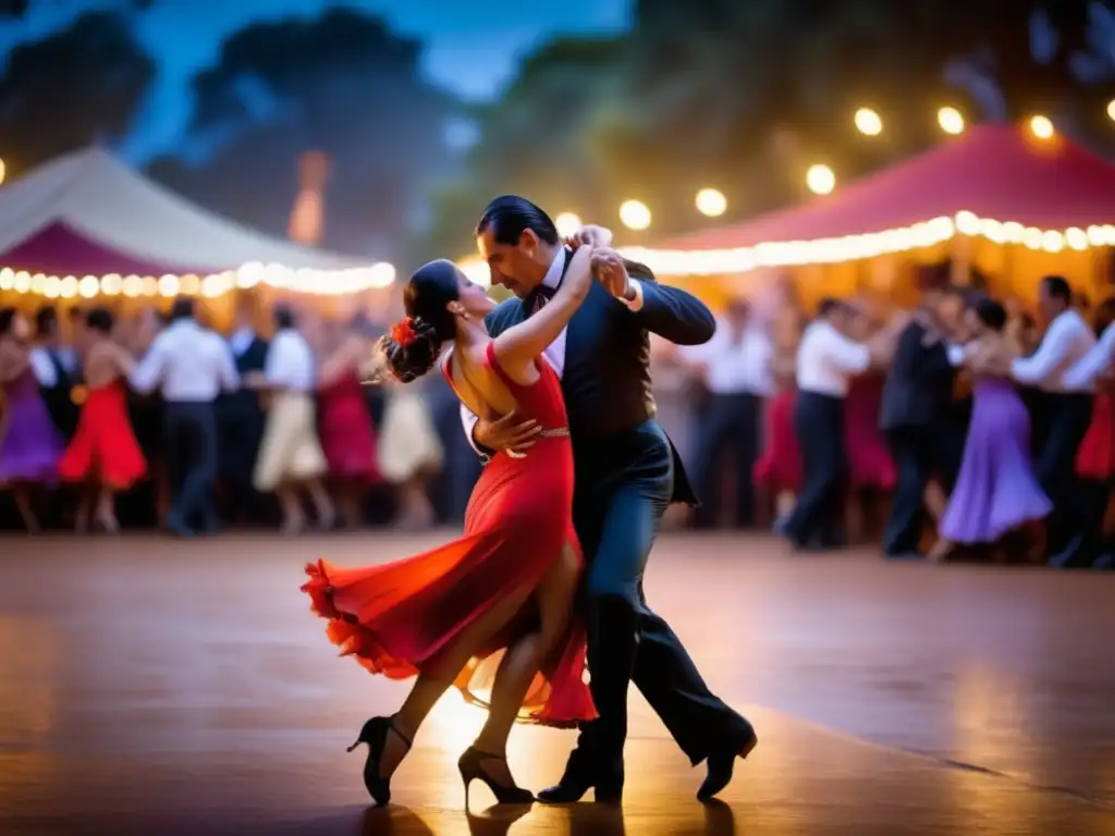 Festival de Tango en Argentina: Pareja apasionada bailando en un cuadrado iluminado con luces de hadas, rodeados de espectadores y música en vivo