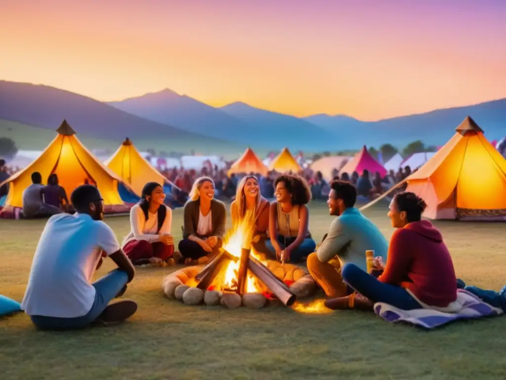 Festival de ensueño en el campo con amigos alrededor de una fogata