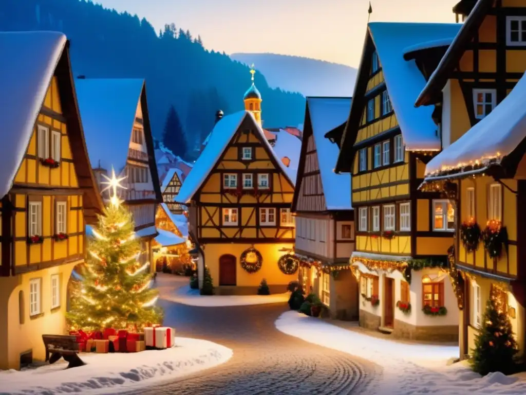 Tradiciones navideñas en Alemania: Una imagen mágica captura la esencia de la Navidad en un acogedor pueblo bávaro, con casas de madera y nieve