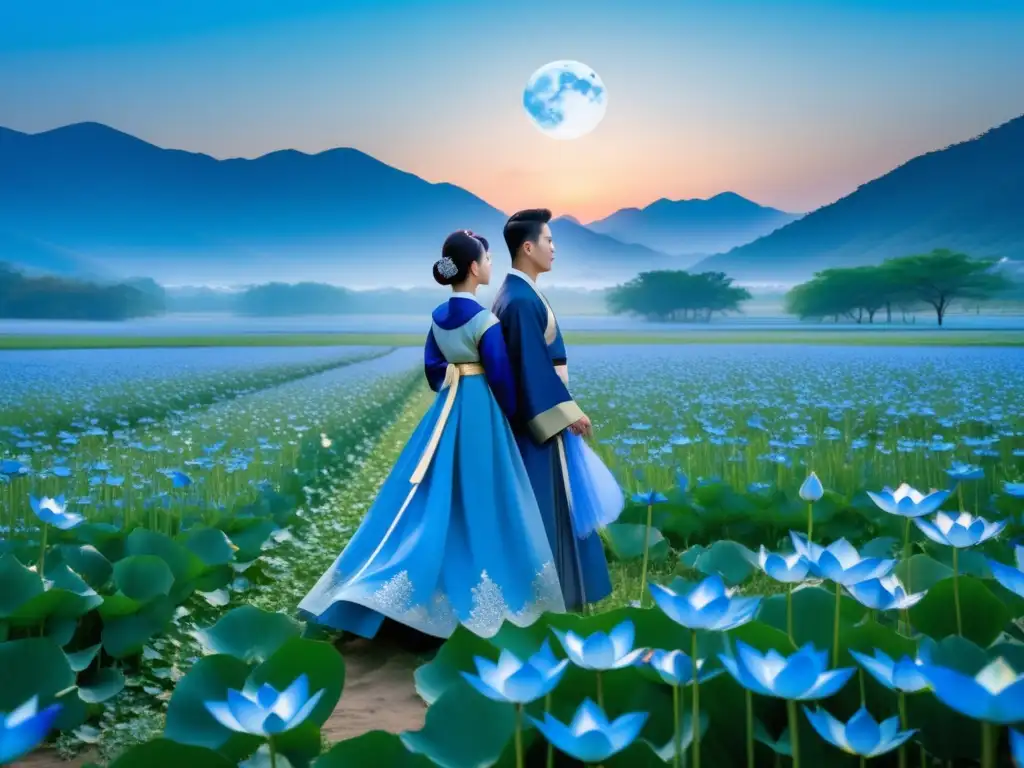 Festival Luna Azul Corea tradición: Pareja en hanbok bajo la luna y los lotos azules