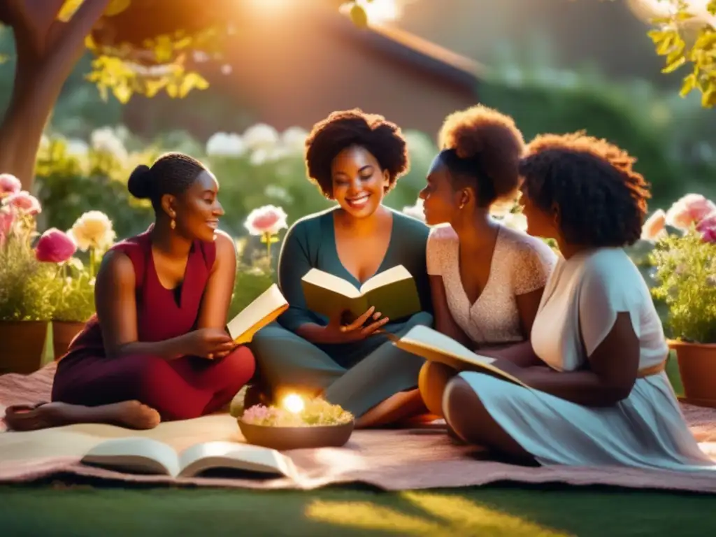 Mujeres en festivales literarios, reunidas en un jardín soleado rodeadas de flores, conversando y leyendo libros