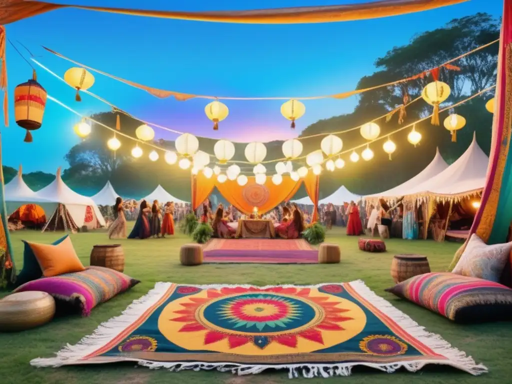 Escena festival bohemia y hippie con tendencia upcycling en vestimenta festivales