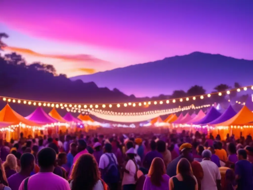 Escena festiva al atardecer con música, moda y vibrante energía