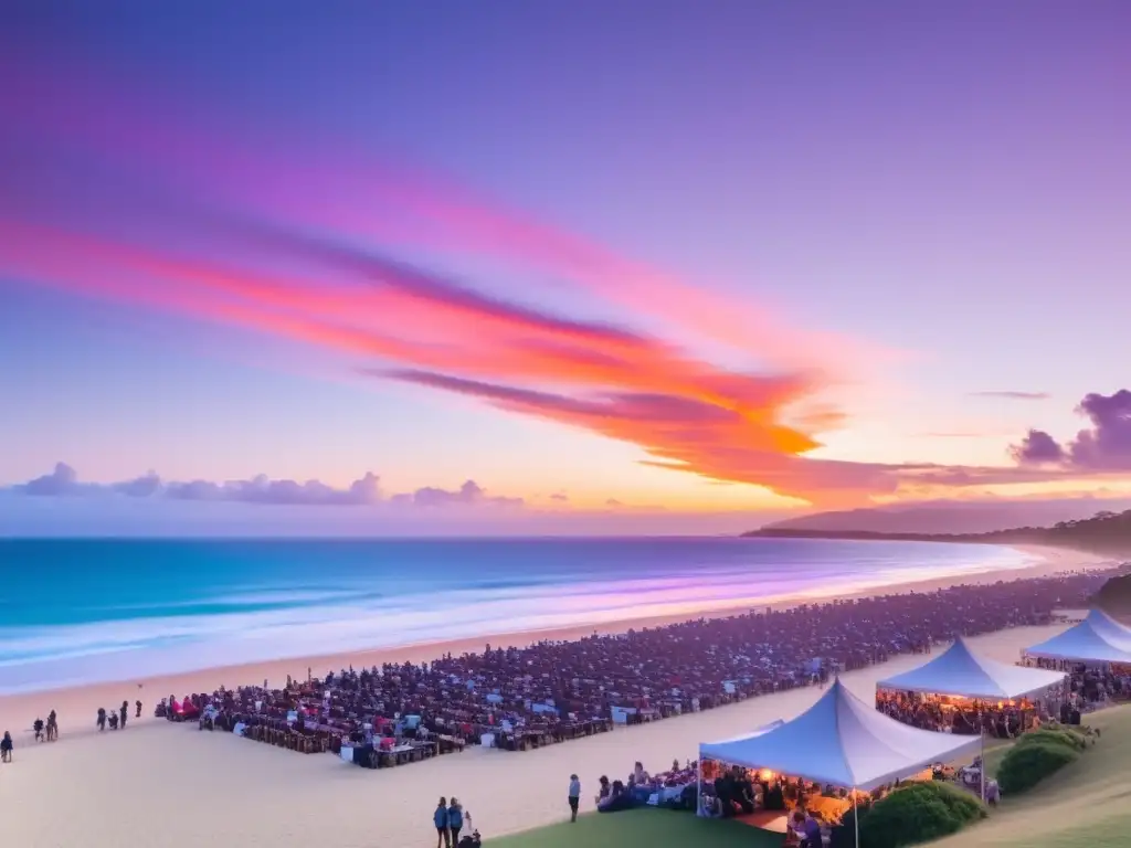 Festivales literatura tradicionales: Escena mágica con atardecer, playa serena, libros abiertos, palabras en el mar y eventos culturales vibrantes