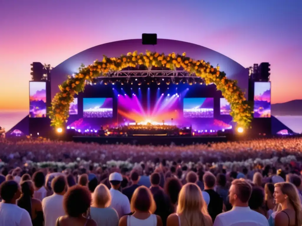 Influencia del soul y R&B en festividades contemporáneas: Escena impresionante de un festival de música vibrante al atardecer con un escenario decorado con flores y luces brillantes, donde una banda de soul y R&B cautiva al público con su actuación electrificante